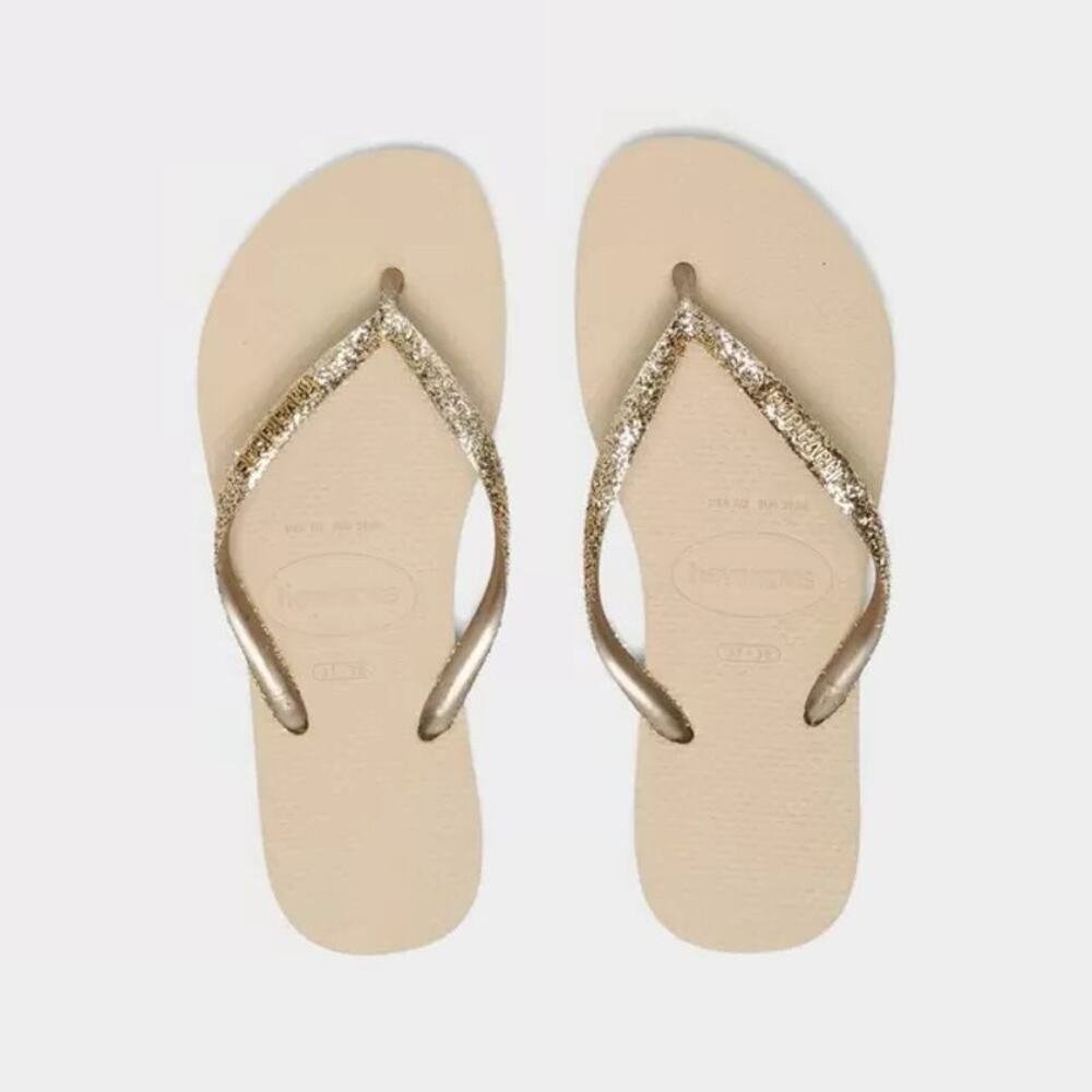 Havaianas Kids Slim Glitter II Sand Grey Flip Flops 3/4Y Gold Straps NWT